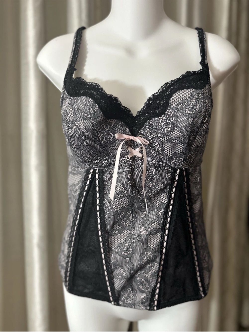 Frederick's of Hollywood Black Lace Corset Cami with Pink Ribbon Accents